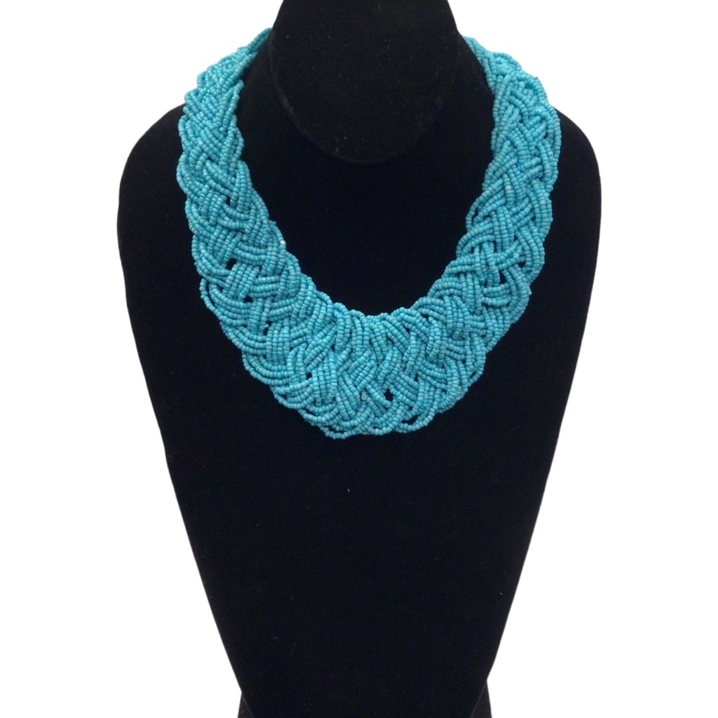 Multi Strand Turquoise Seed Bead Woven Silver Tone Necklace 25$